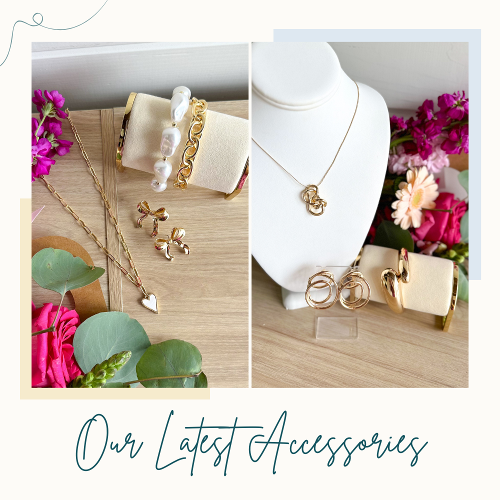 Our Latest Accessories. Gold and pearl jewelry including chunky stretch bracelets, bow earrings and a heart necklace. A twisted pendant necklace, twisted hoop earrings and a gold drip cuff.