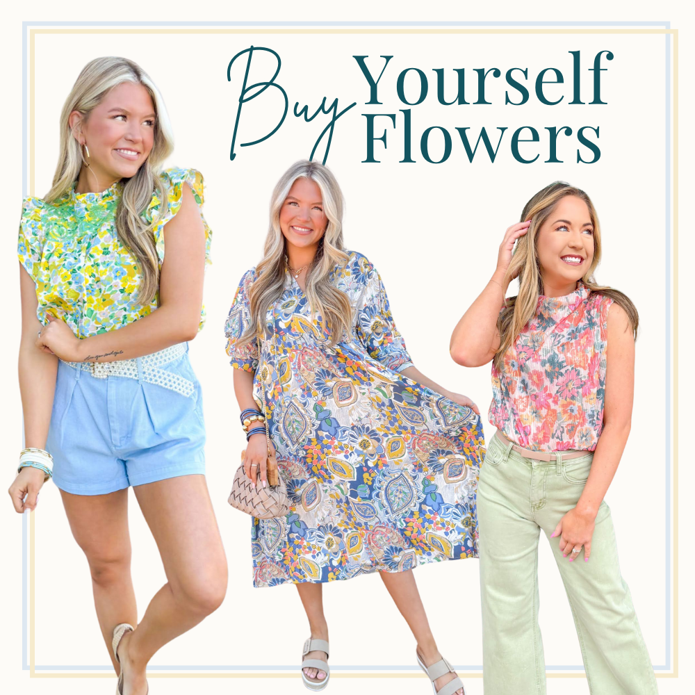 Buy Yourself Flowers - Models wearing various floral print and styles including a sequins blouse, midi dress and sleeveless top. Tops are styled with green and blue bottoms.