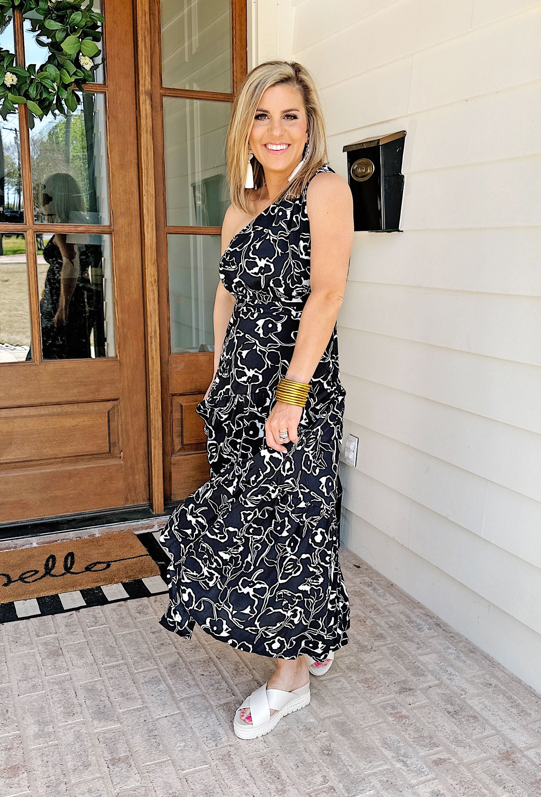 Found My Forever Floral Dress, maxi dress with black and white detailing, tiered one shoulder dress