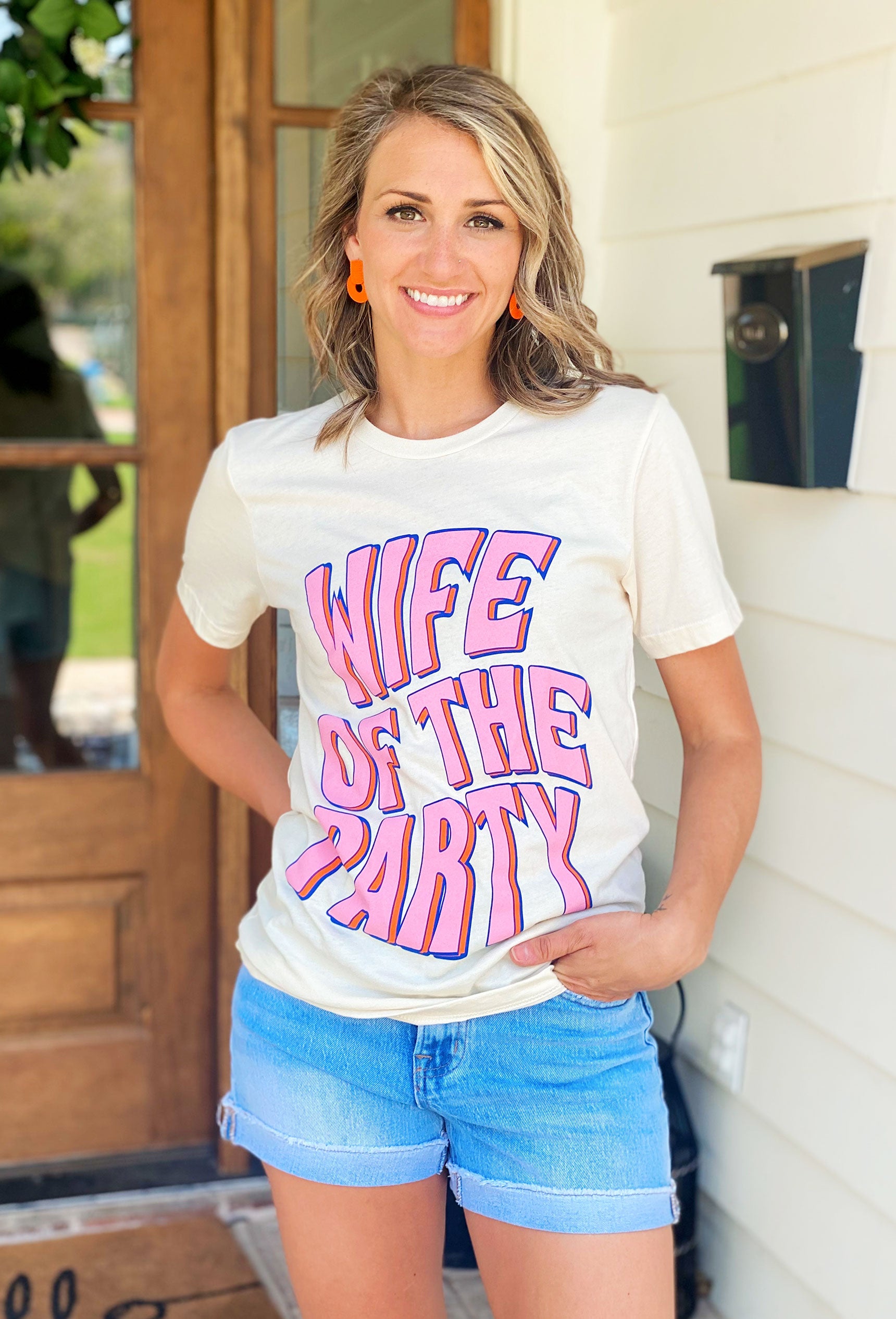 Friday + Saturday: Wife of The Party T-Shirt, cream tee with "Wife of the party" printed on the front of the shirt
