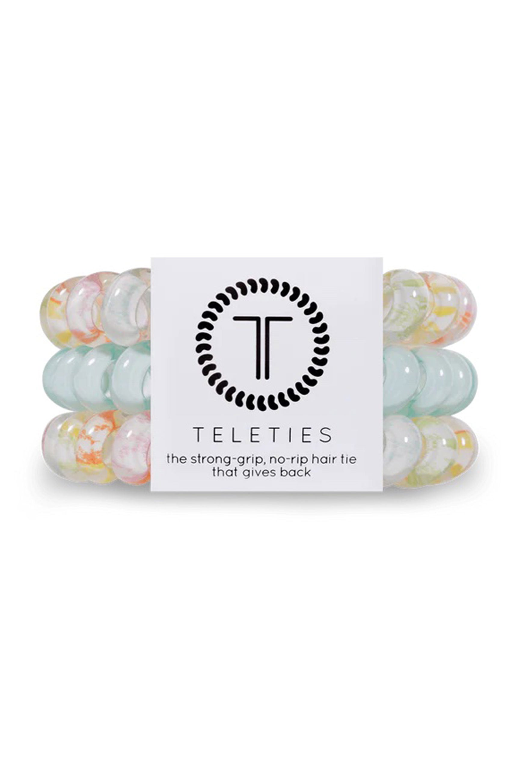 TELETIES Large Hair Ties - Garden Party, set of three large hair coils, light blue and white with pink and green detail