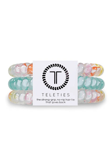 TELETIES Small Hair Ties -Garden Party, set of three small hair coils, one mint and others white