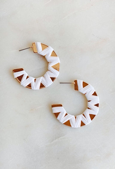 Get A Clue Earrings in White, gold hoop wrapped in white raffia