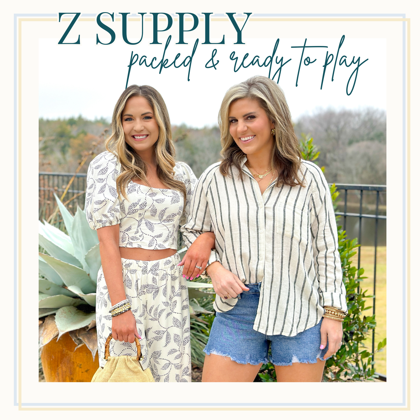 Z SUPPLY packed and ready to play: Model wearing a vine printed 2-piece set including white waisted wide leg cropped pants and a cropped top with puffy short sleeves. Model wearing a black and white striped button up by Z SUPPLY styled with cut off denim shorts.