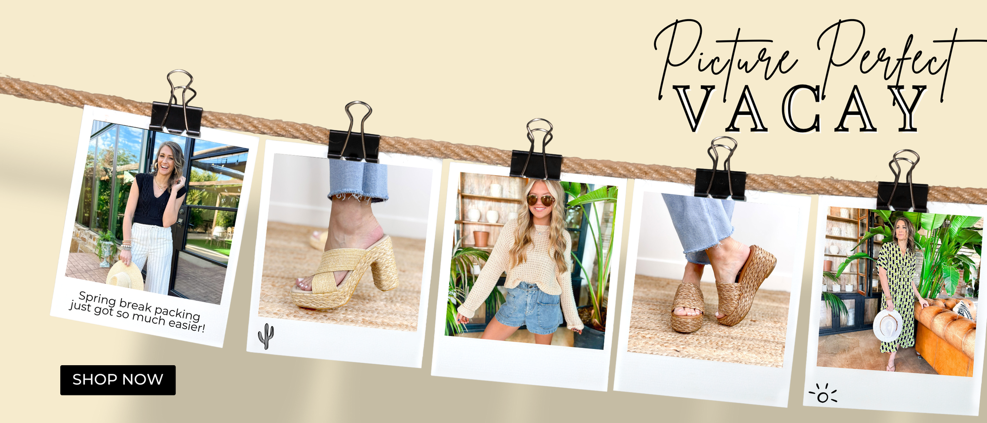 Picture Perfect Vacay. Shop the latest collection inspired by spring break with styles such as linen pants, light-weight loose knit sweaters, breezy dresses and platform raffia resort ready shoes.