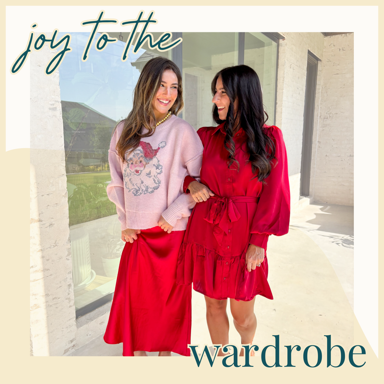 Joy to the Wardrobe. Models wearing a red satin mini dress with long sleeves and a button front. Model wearing a santa sweater with light pink background and red satin skirt.