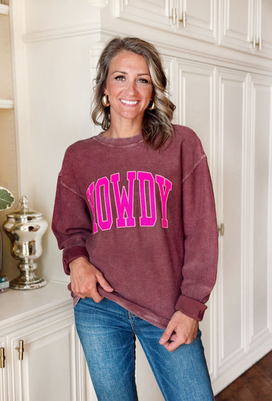 Charlie Southern: Howdy Corded Pullover, burgundy corded pullover with "howdy" on the chest in hot pink with a light pink outline