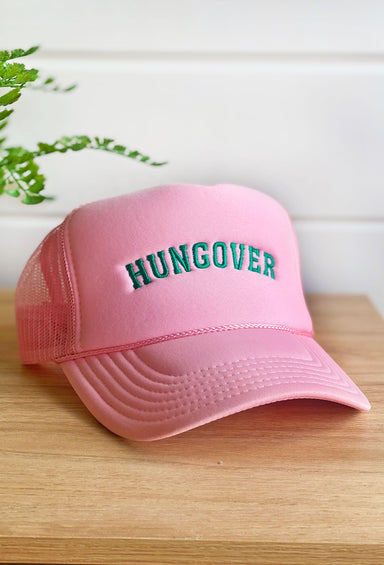 Hungover Trucker Hatgreen embroidered "hungover", pink trucker hat with  