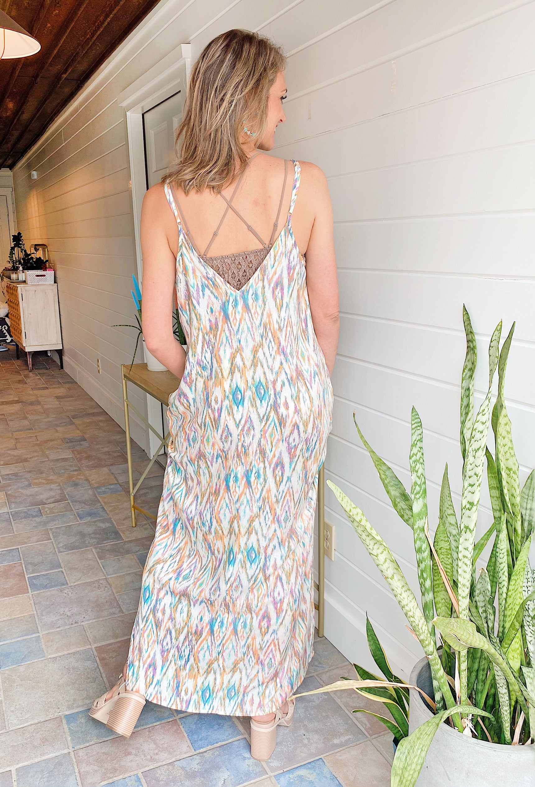 Island Breeze Maxi Dress, Colorful abstract print maxi dress, Features spaghetti straps and pockets