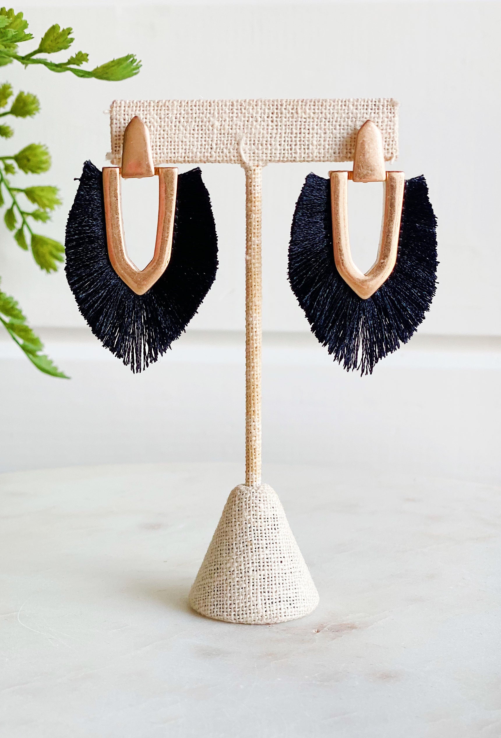 Jessie Fringe Earrings in Black, Crafted with gold and black fringe detailing