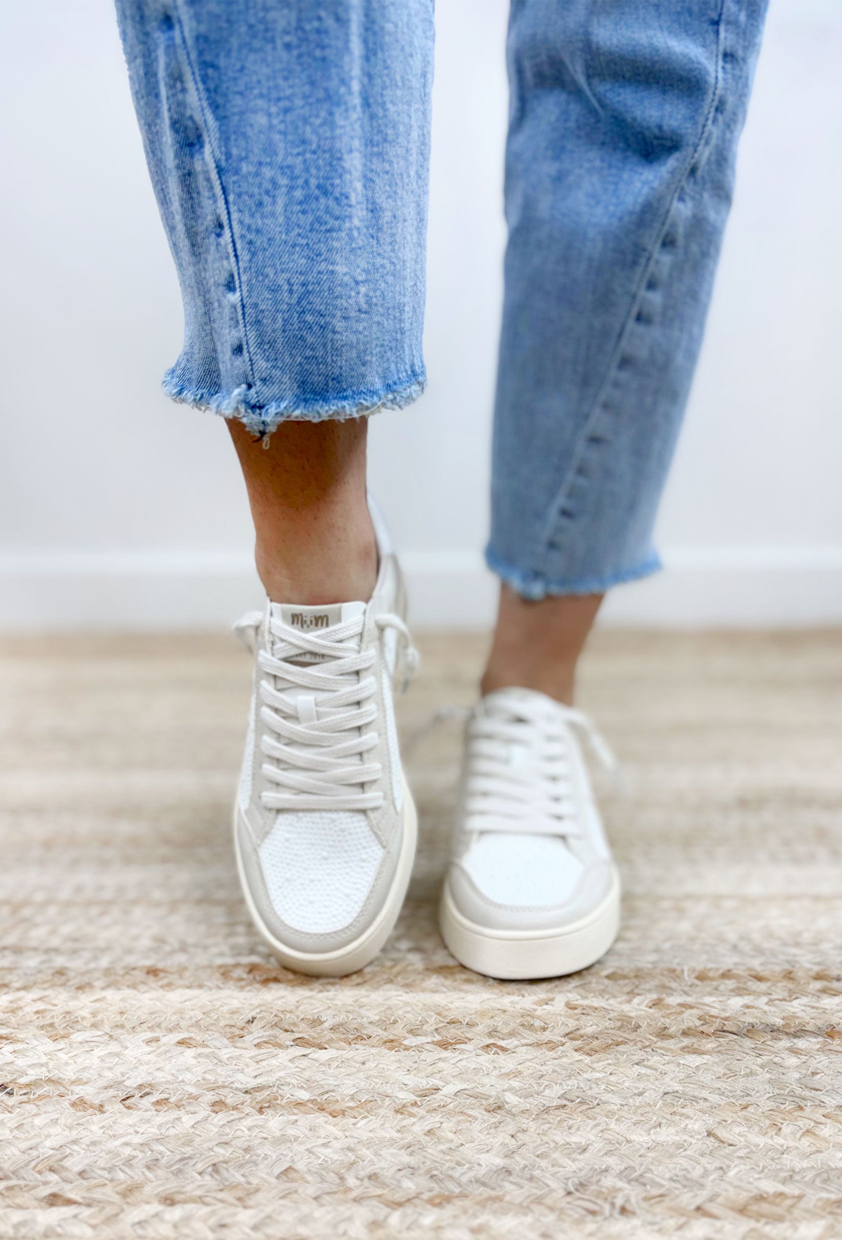 Juniper Star Sneakers in White Beige, cream and white sneaker with pearl detailing and a white star