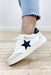Juniper Star Sneakers in White, white sneaker with grey crackle on the top and heel as well as a black star and black detail on the heel