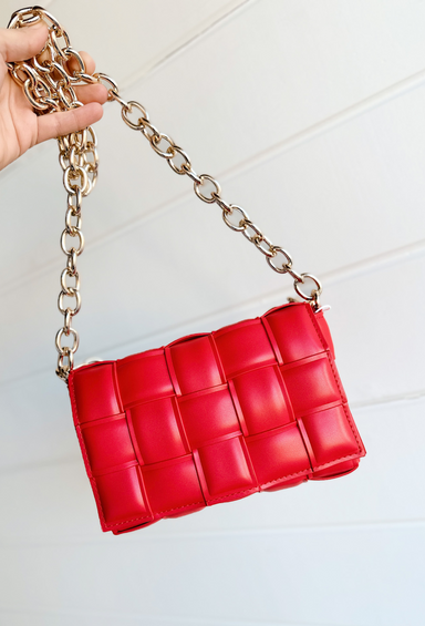 Just This Once Crossbody, red faux leather woven purse with gold chain