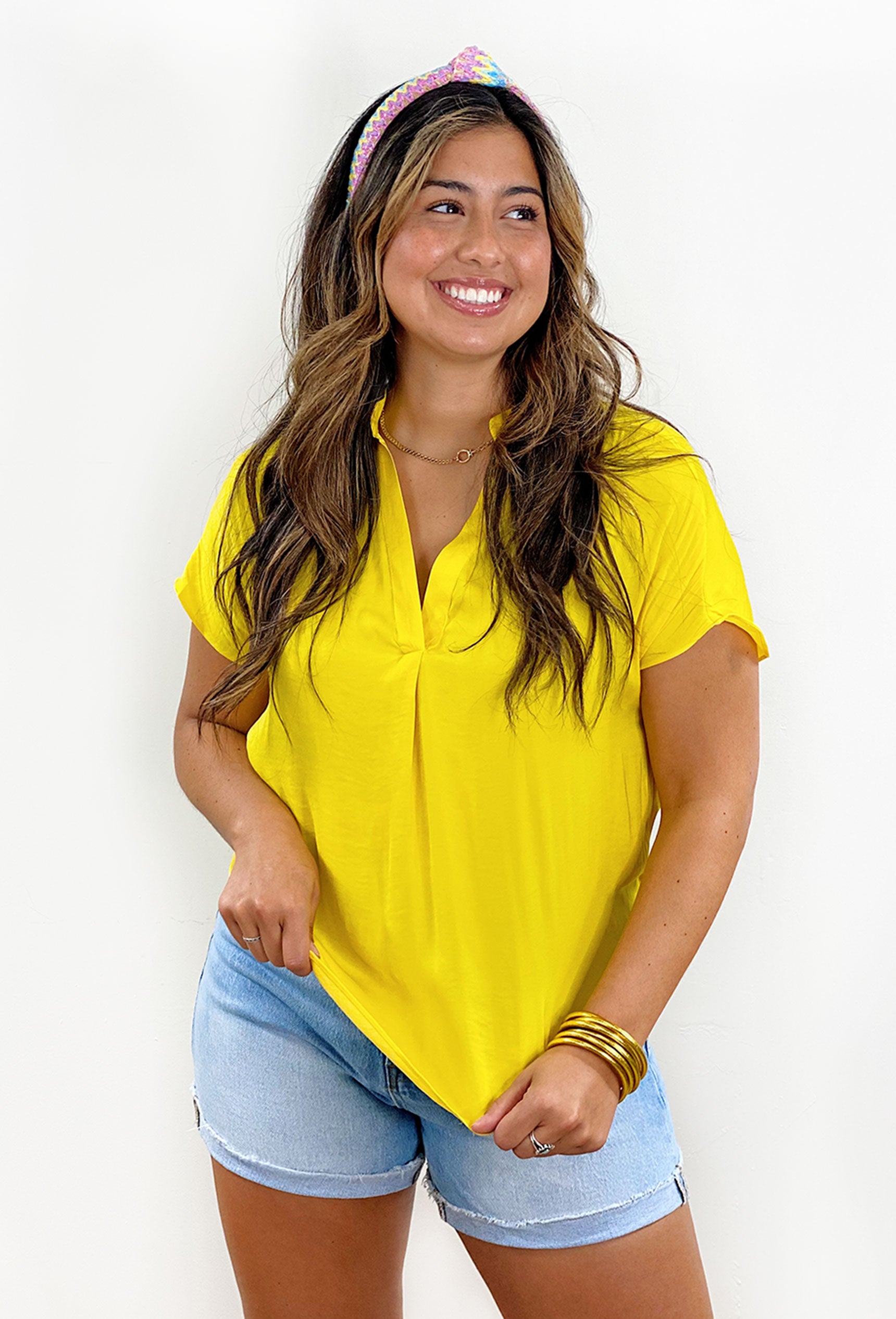 Kerry Blouse in Blazing Yellow, yellow v-neck short sleeve blouse