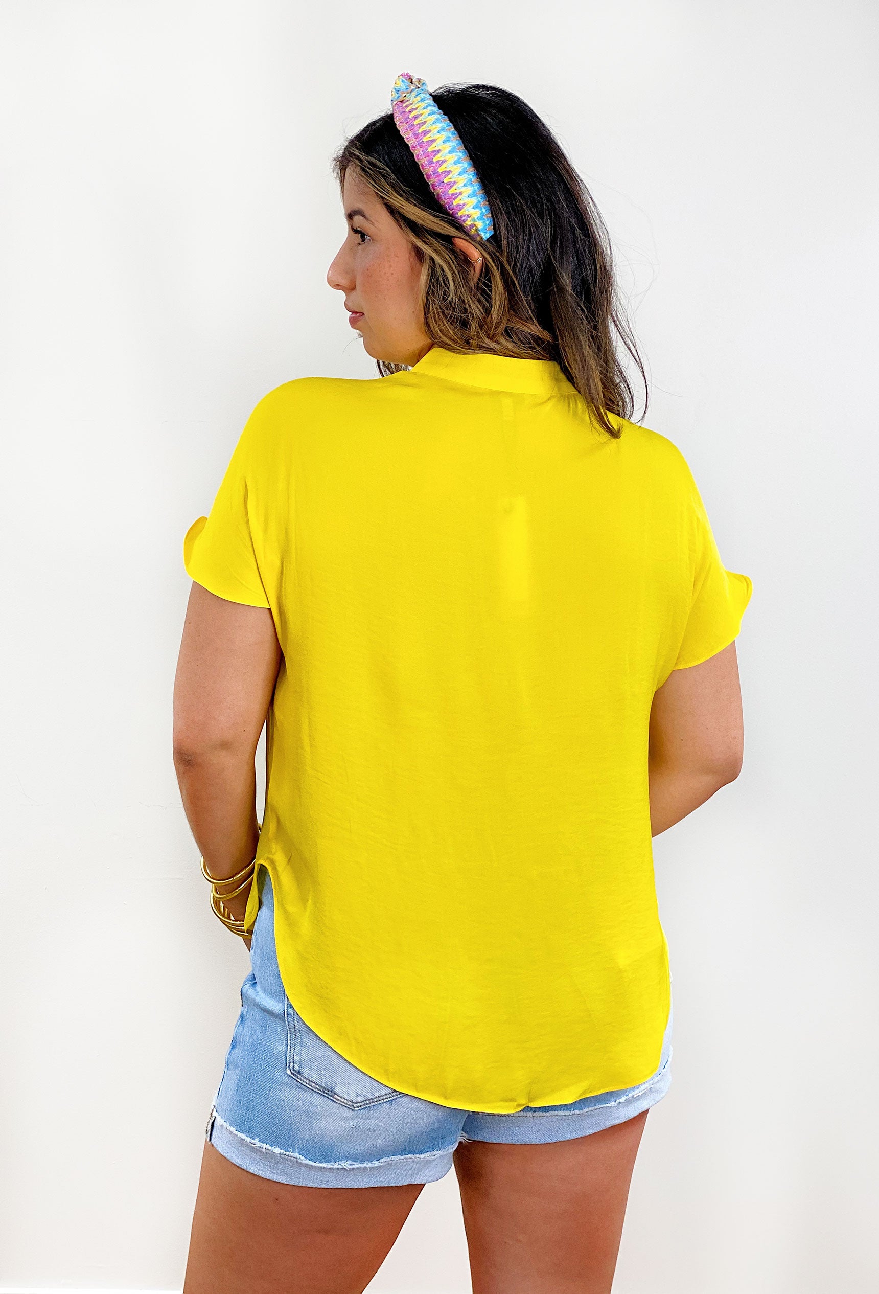 Kerry Blouse in Blazing Yellow, yellow v-neck short sleeve blouse