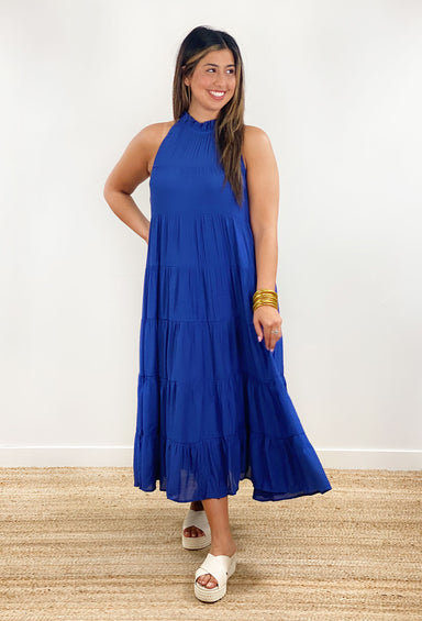 Lisbeth Navy Tiered Maxi Dress, Navy maxi dress, tiered layers with ruffles at neckline, self tie detail in back