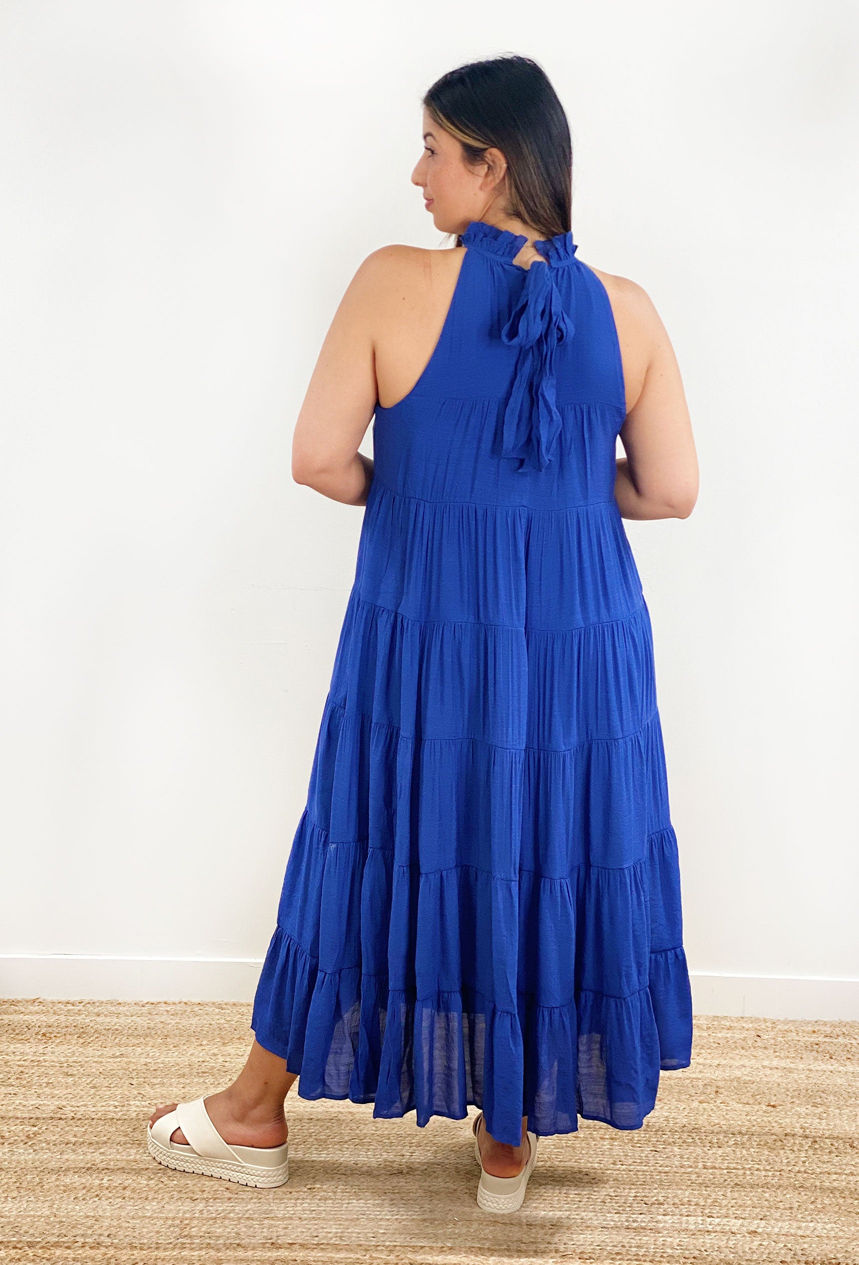 Lisbeth Navy Tiered Maxi Dress, Navy maxi dress, tiered layers with ruffles at neckline, self tie detail in back
