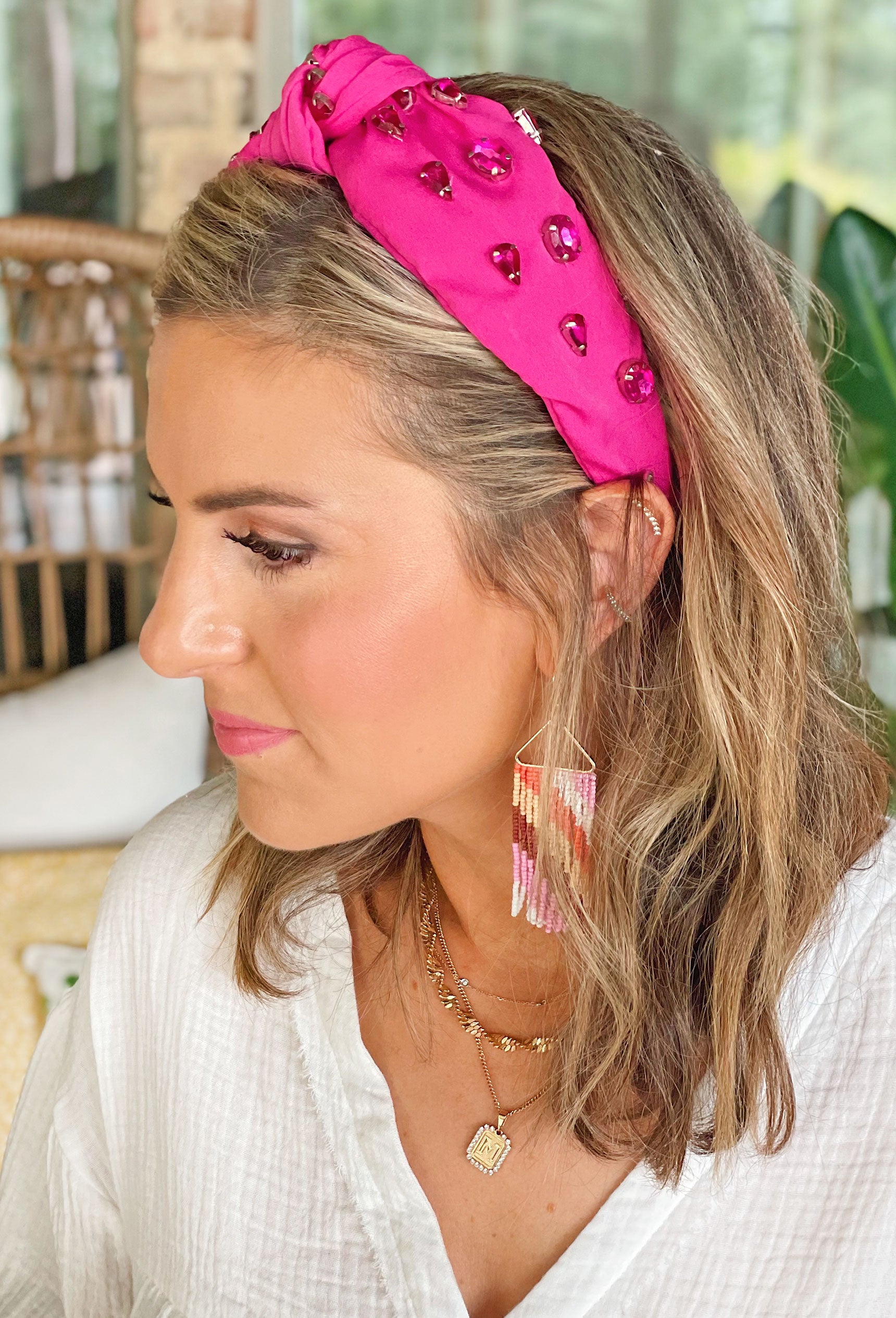 Macey Rhinestone Headband in Fuchsia, Pink headband featuring a fuchsia knot design and sparkling pink rhinestones