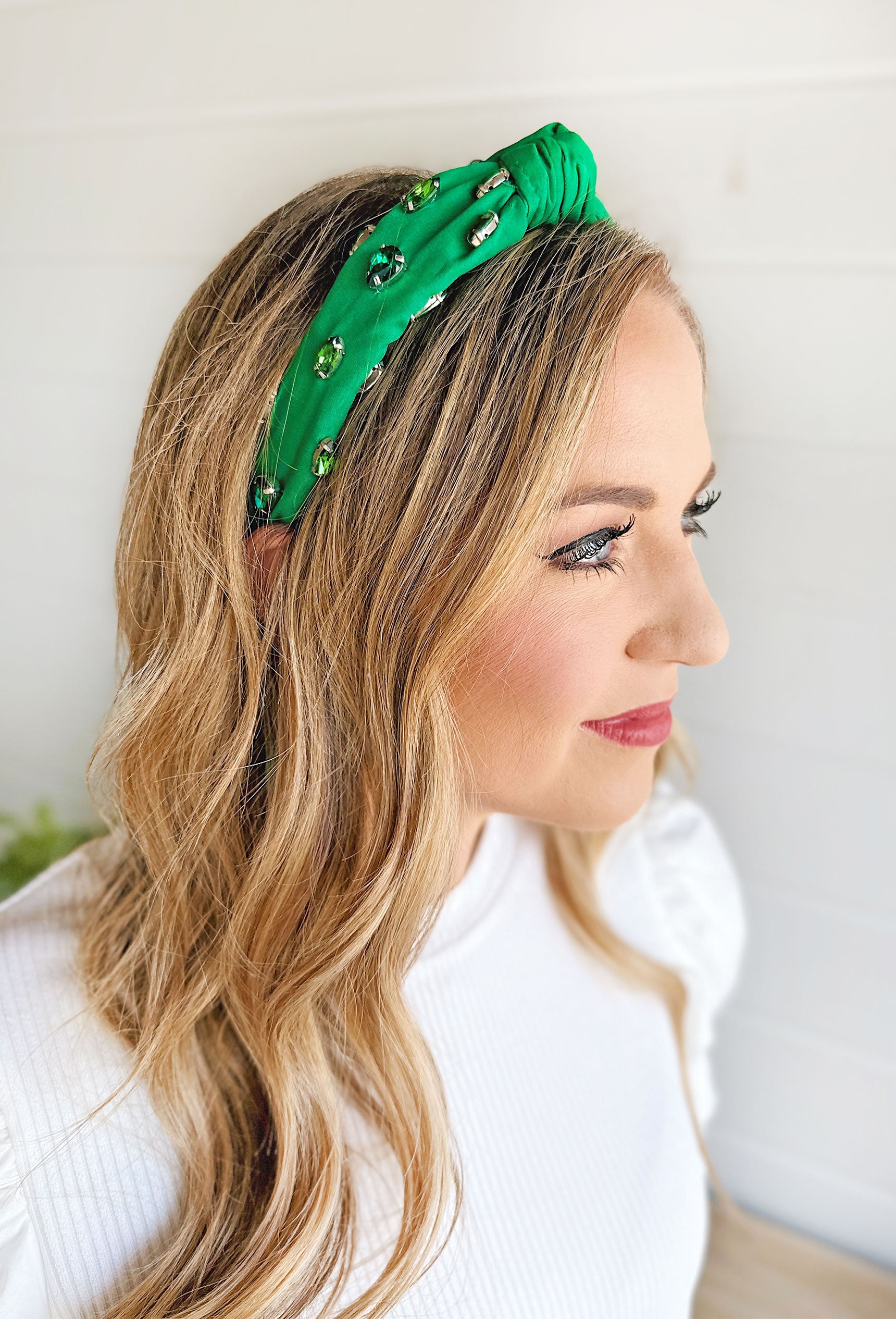Macey Rhinestone Headband in Green, Headband with big rhinestones the same color