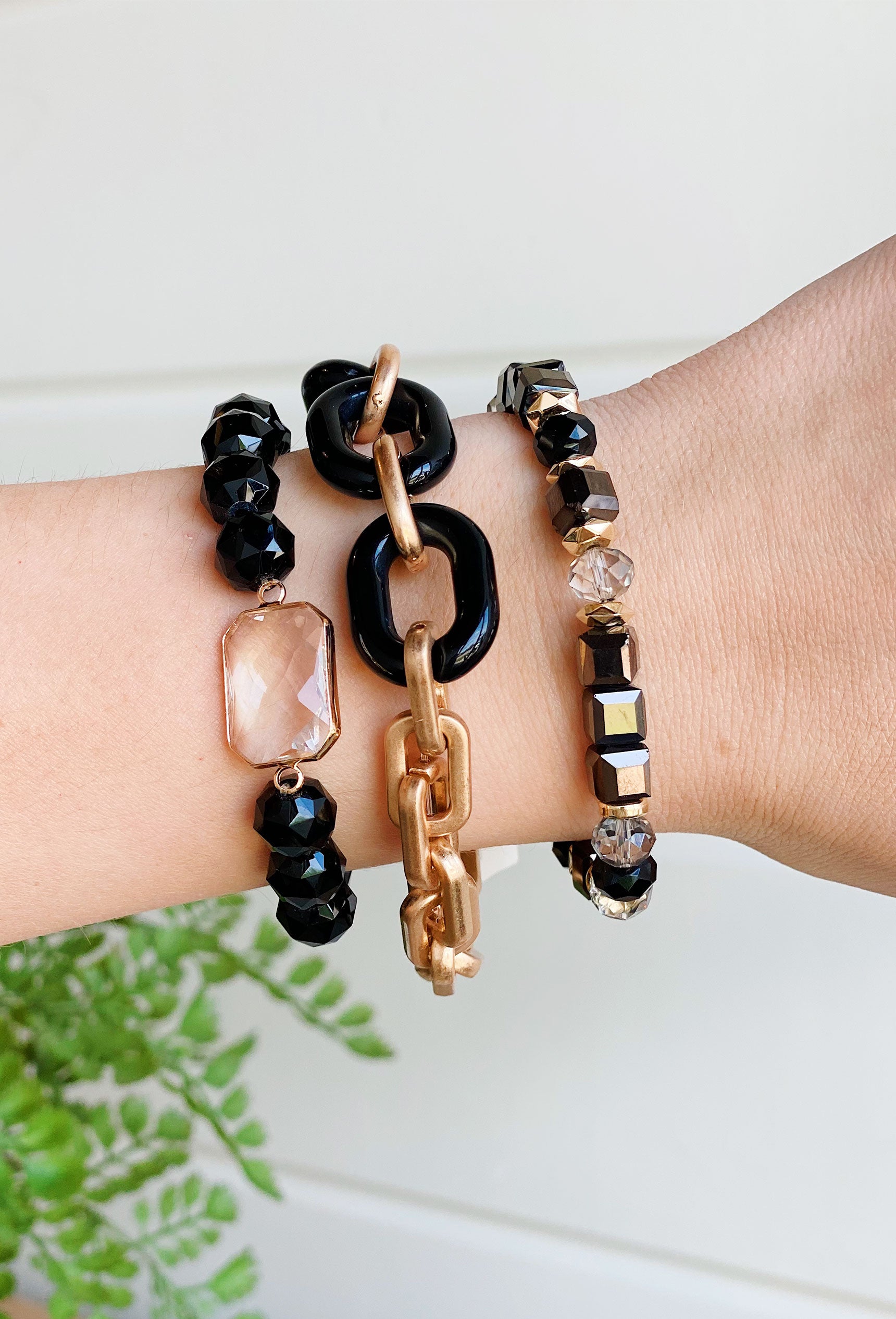 Maddie Bracelet Set in Black, set of three stretchy bracelets, gold and black beads