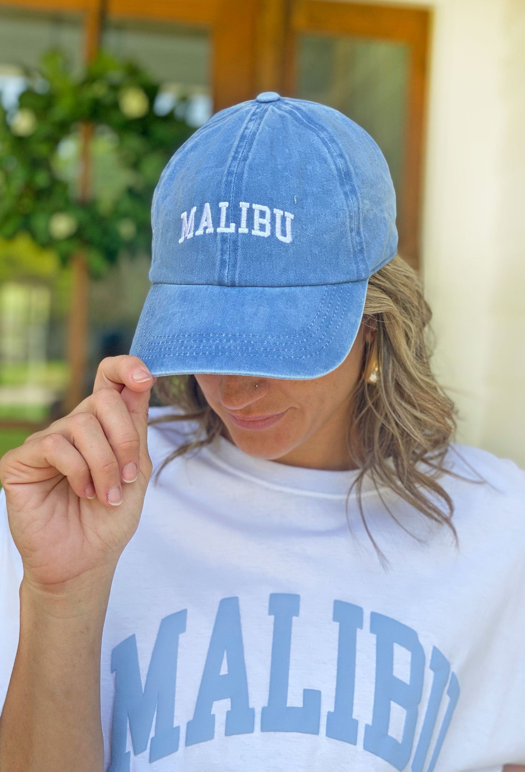 Malibu Baseball Cap, denim blue ball cap with embroidered malibu on front