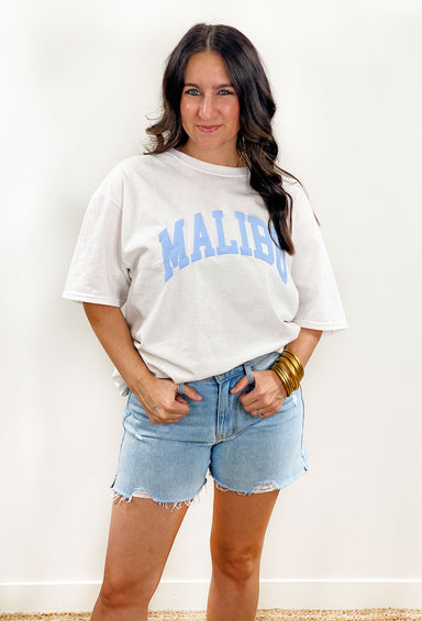 Malibu Graphic Tee, white oversized graphic tee with "malibu" printed on front in blue