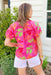 Malibu Kisses Blouse, hot pink blouse with puff sleeves and floral pattern