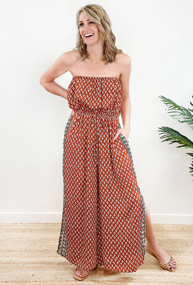 Mexico Sands Jumpsuit,  Strapless dress with side slits and an adjustable elastic waist