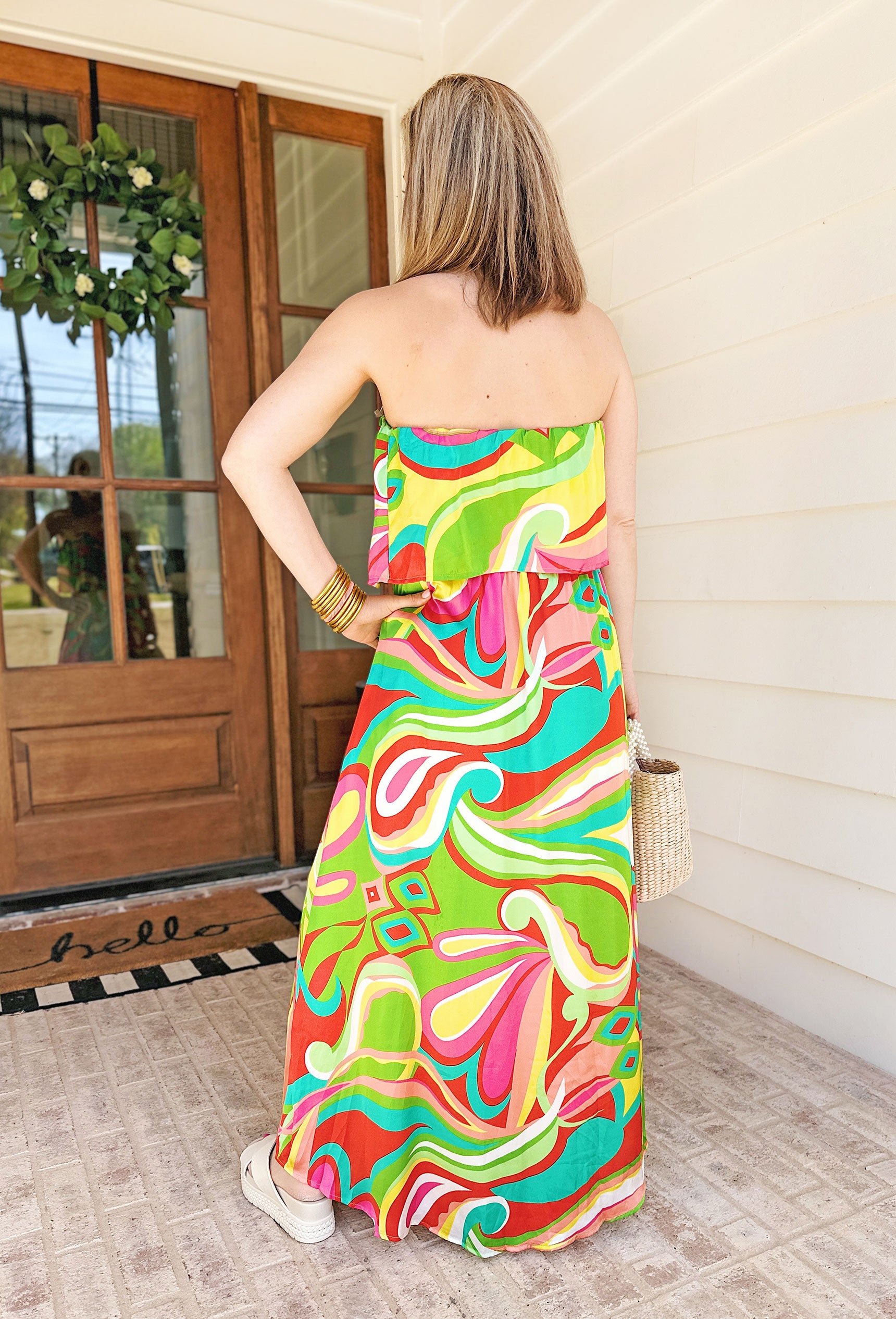 Miami Bound Maxi Dress, strapless maxi dress, bold colors, abstract design, self tie around the waist