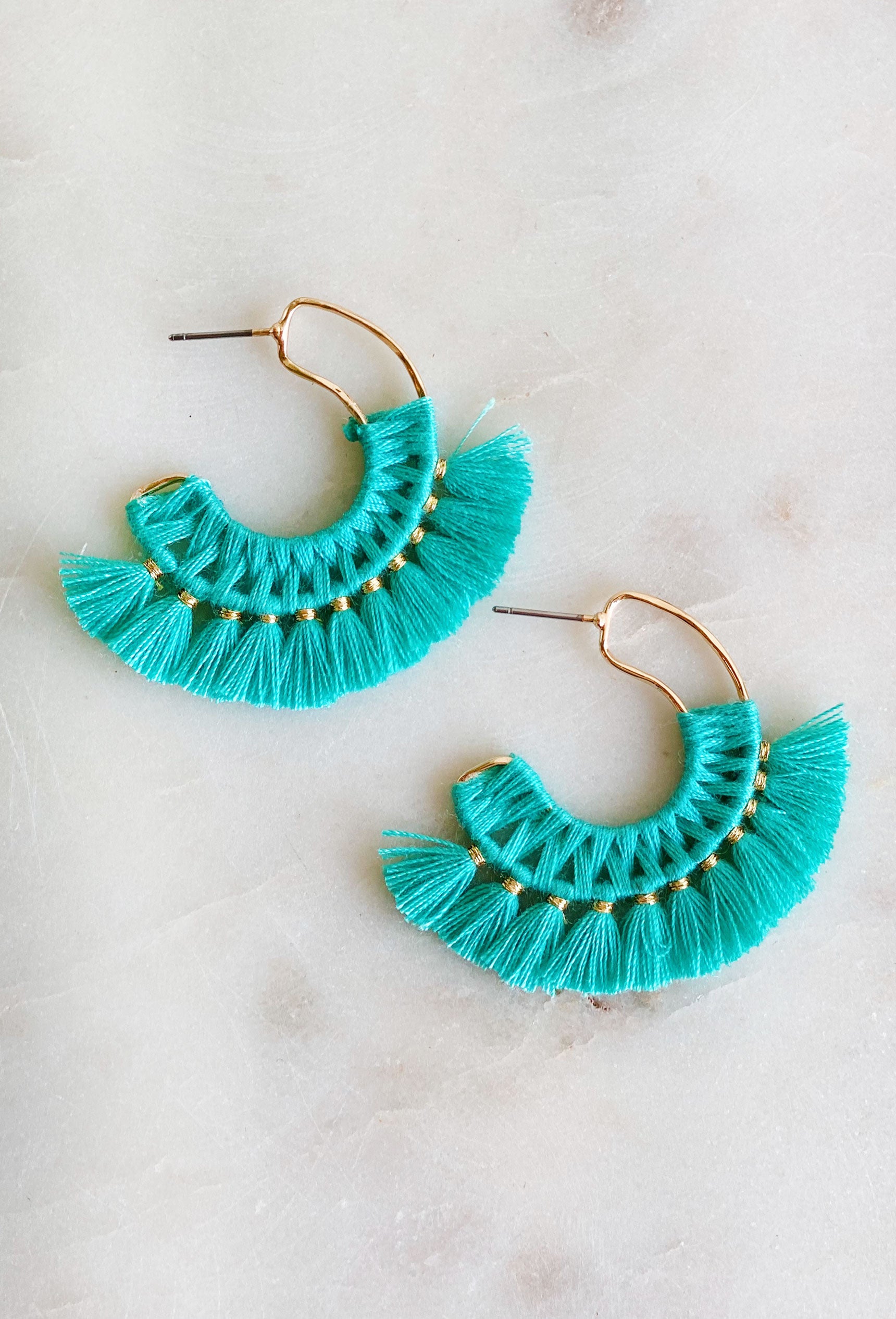 Miss Me Earrings in Turquoise, gold hoop with turquoise fringe