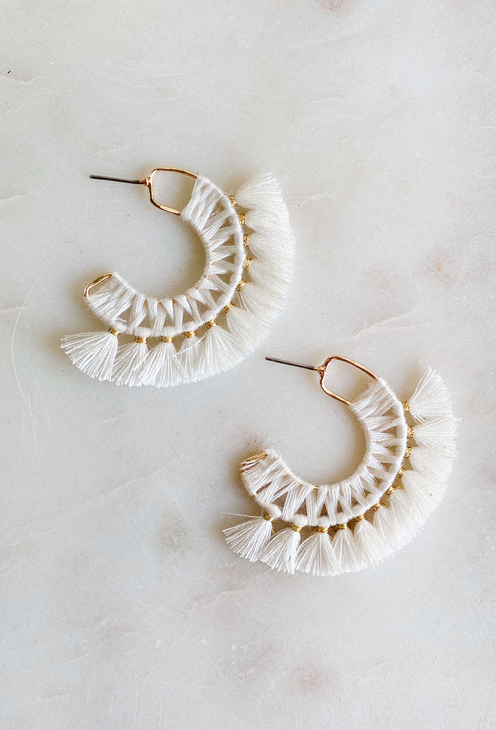 Miss Me Earrings in White, gold hoop with white fringe