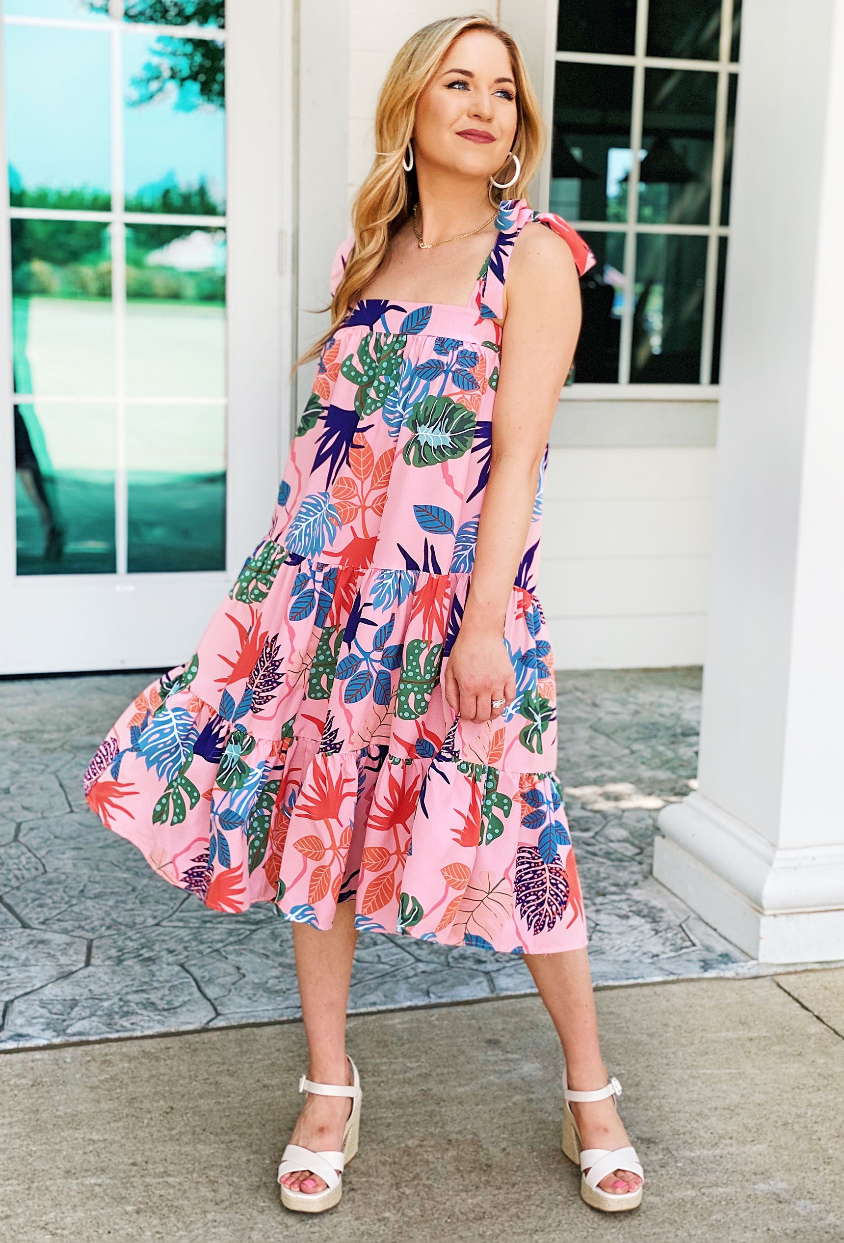 Nights By The Sea Dress, Pink dress featuring a colorful palm leaf print design, Tie straps