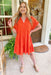 Nikoleta Linen Shirtdress in Tomato Red, Orange dress with a babydoll inspired fit and tiers, cuff sleeves and a frayed hem
