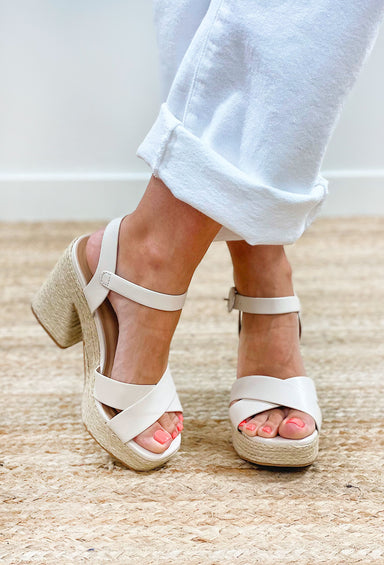 Noble Block Heel In Bone, Platform heel with an espadrille sole and off white straps