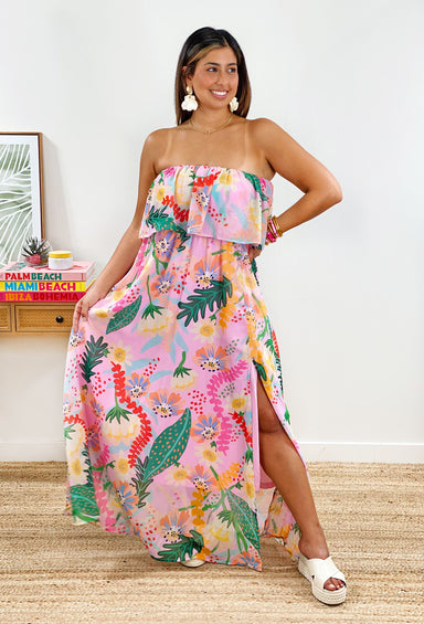 Off To Paradise Floral Maxi Dress, pink sleeveless maxi dress with floral print and ruffled top
