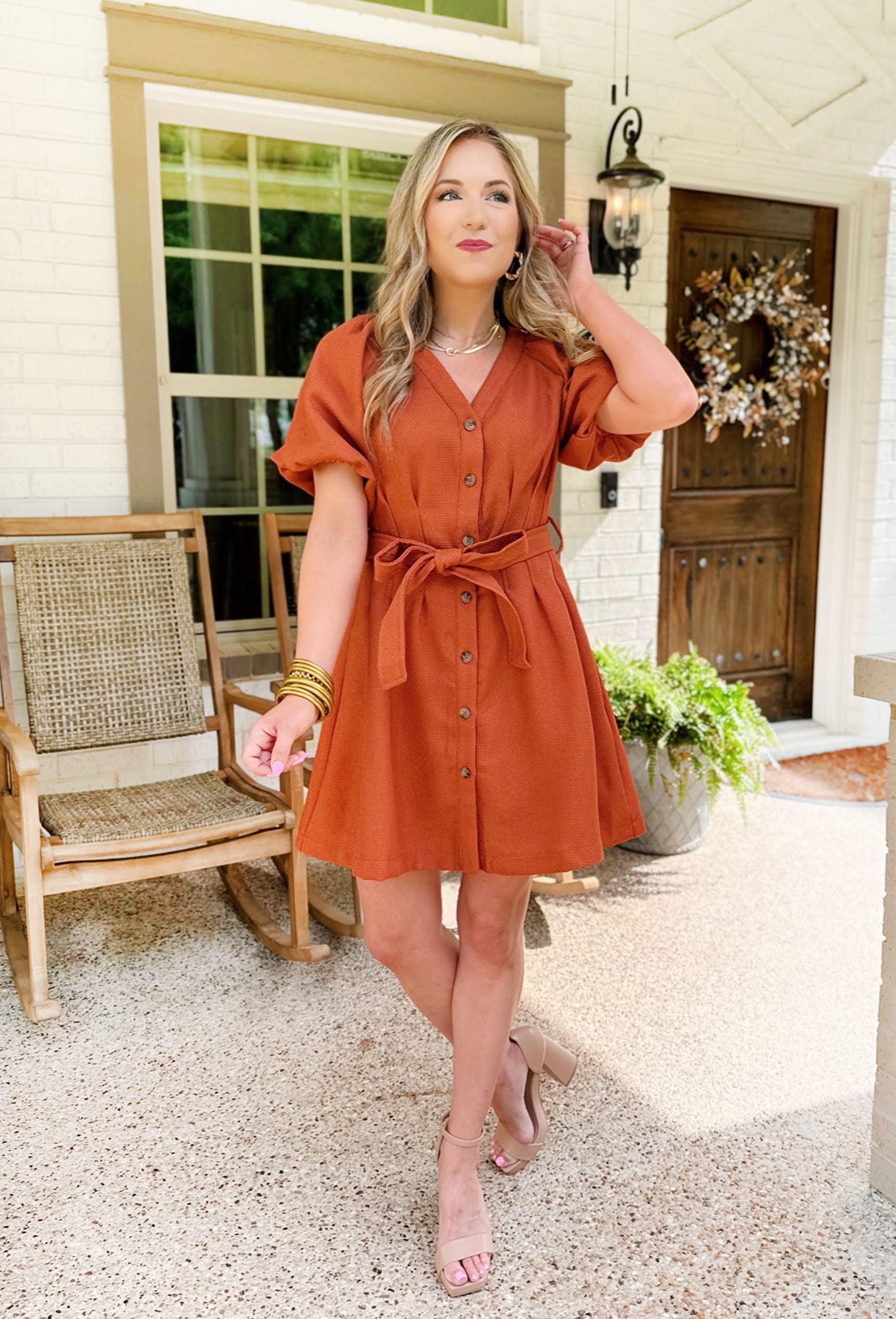 Forever With You Dress, burnt orange canvas puff sleeve dress with soft v-neck that buttons up, has pleats and a waist tie