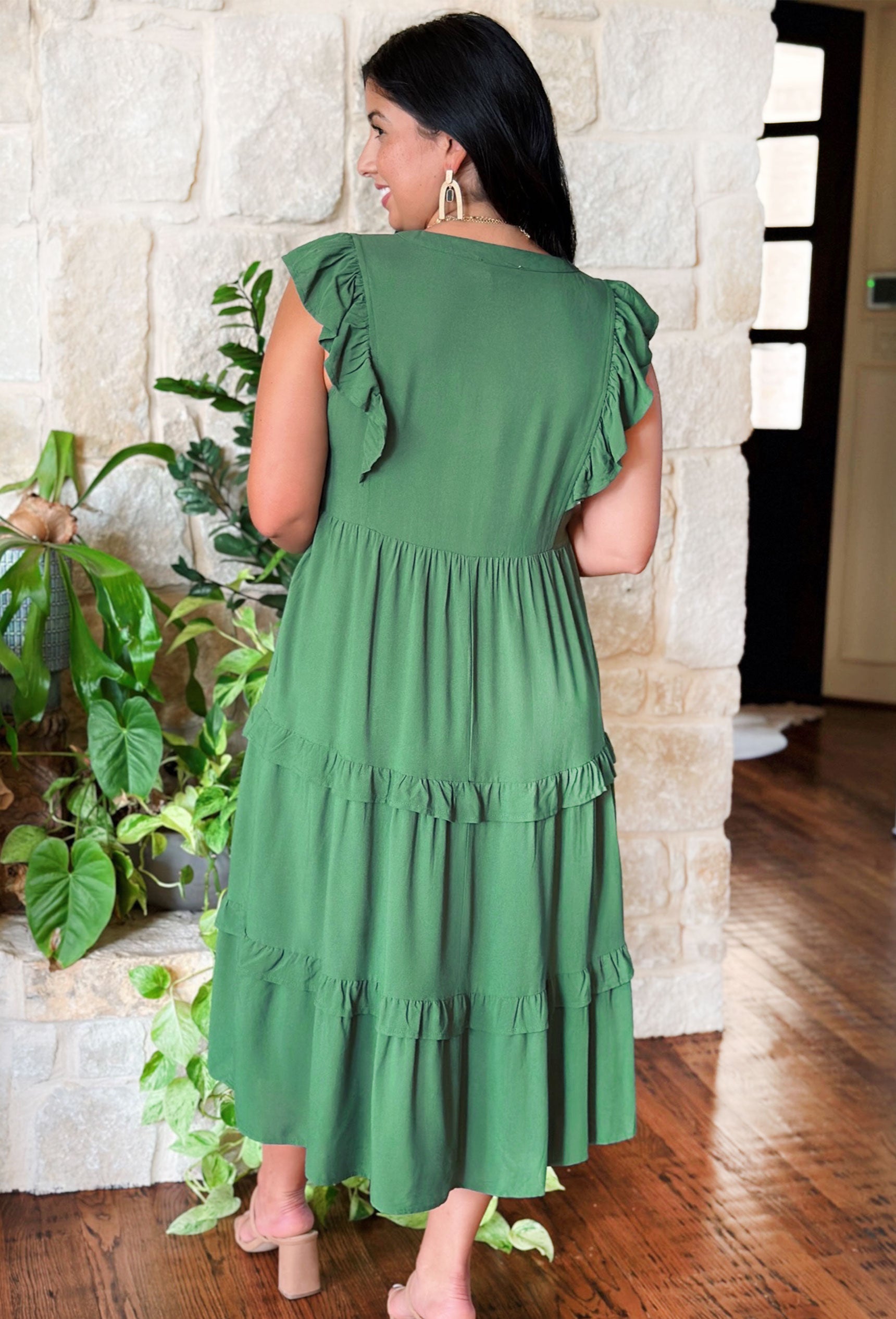 Paige Midi Dress in Forest, Tiered midi dress with ruffle detailing on sleeves and each tier. Soft v-neck line