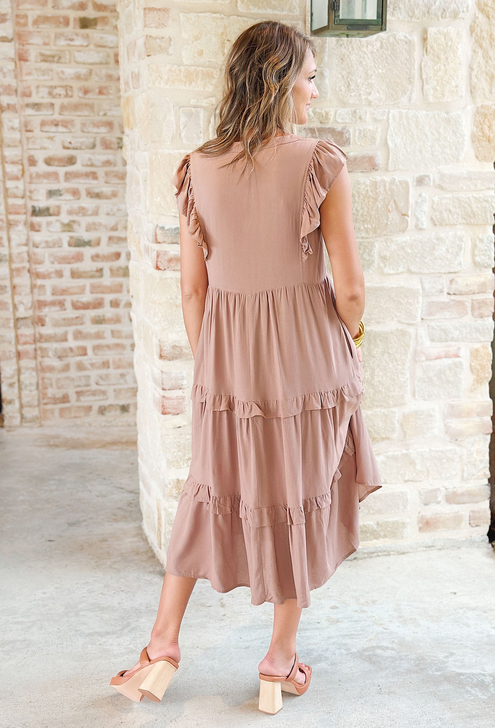 Paige Midi Dress in Mocha, V-Neck ruffle sleeve tiered midi dress with ruffle detailing on tiering 