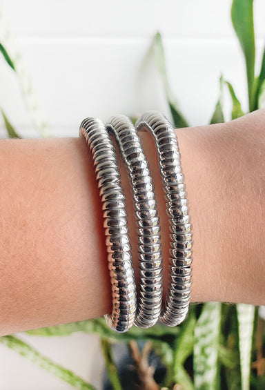 Penelope Bracelet Set in Silver, Featuring three beautiful textured silver bracelets
