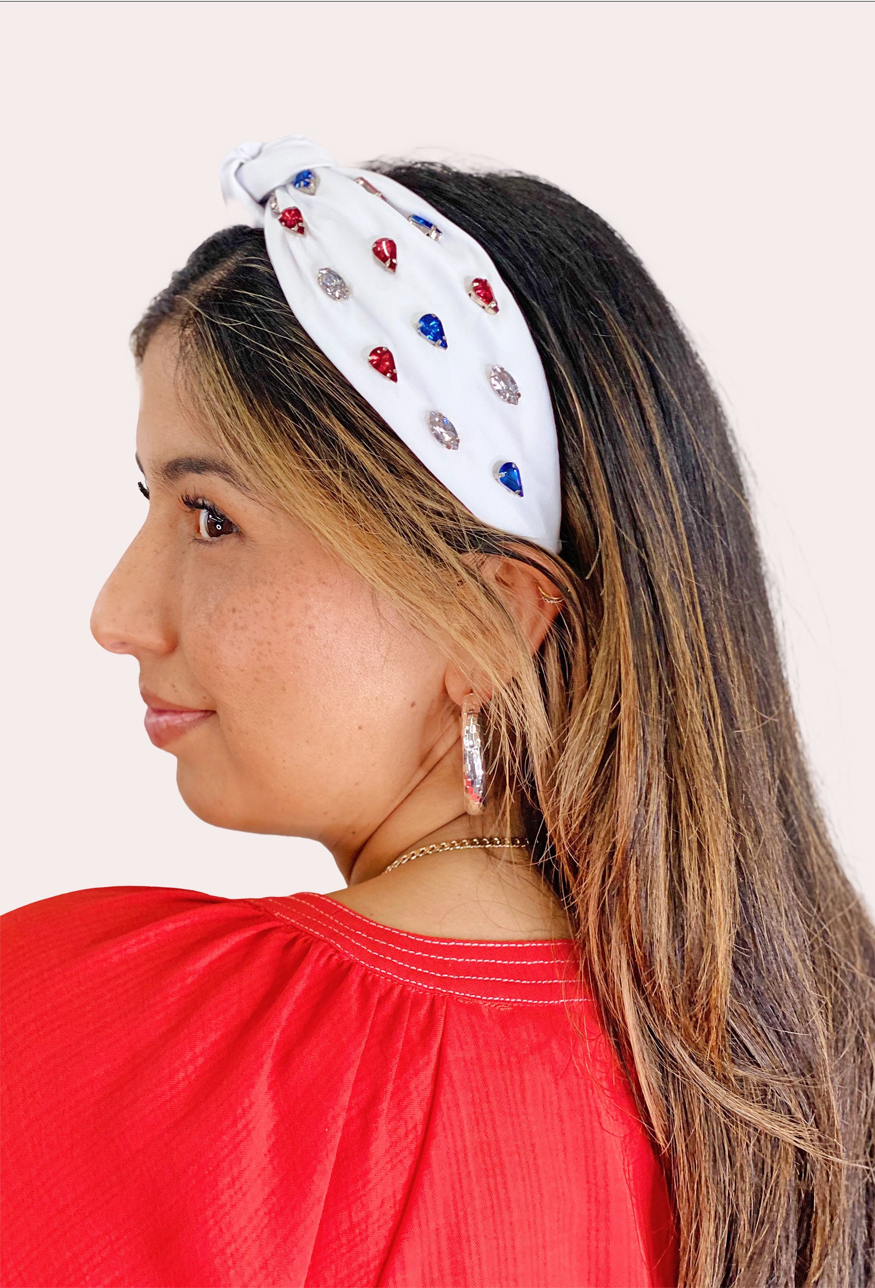 Phoebe Rhinestone Headband in White, white headband with red blue and silver gemstones