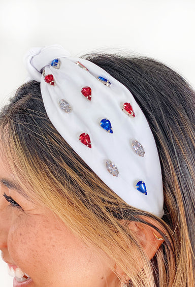 Phoebe Rhinestone Headband in White, white headband with red blue and silver gemstones