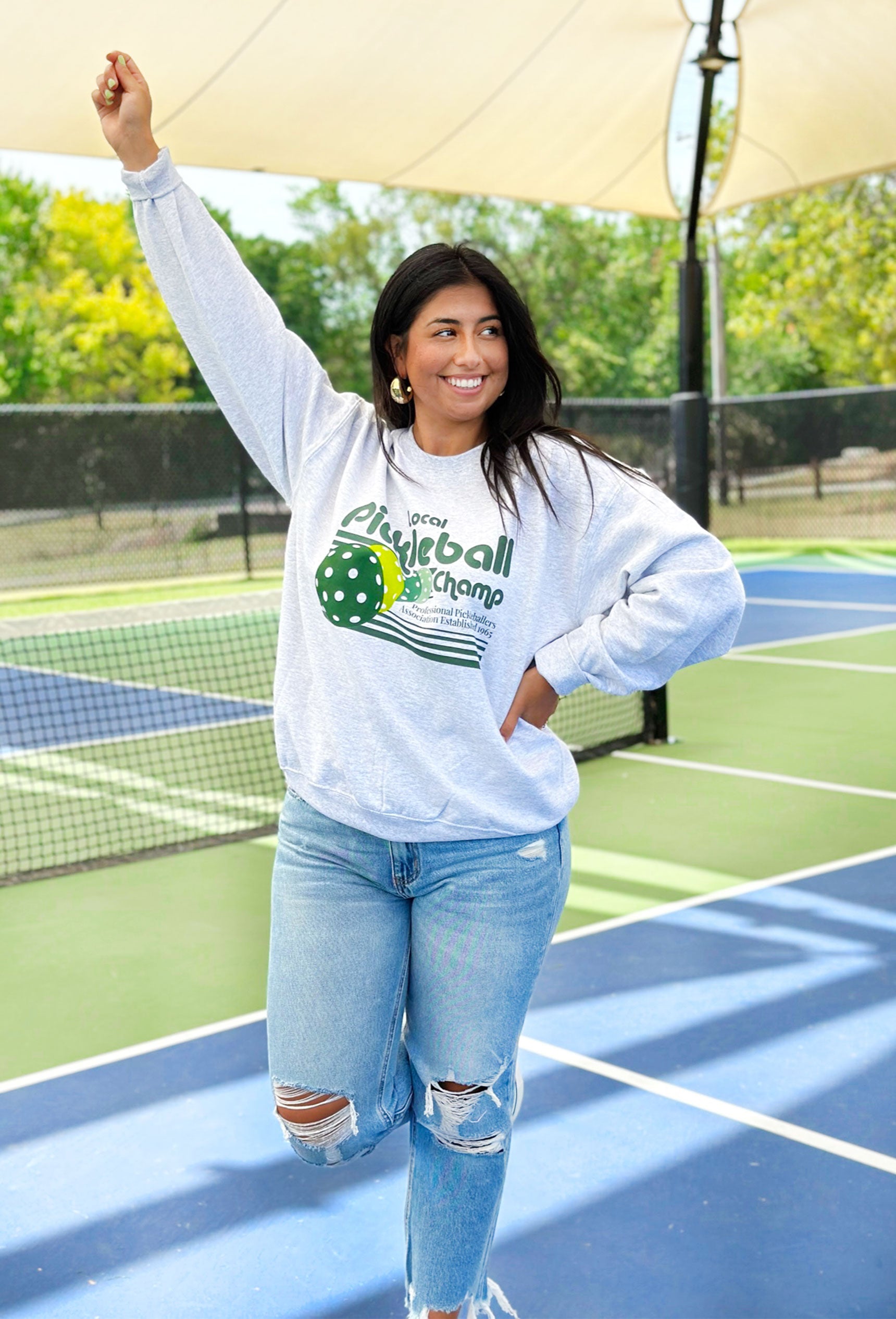 Friday + Saturday: Pickleball Sweatshirt, heather grey crewneck with "local pickleball champ" "professional pickleball association established 1965" in green with pickleball graphics in green