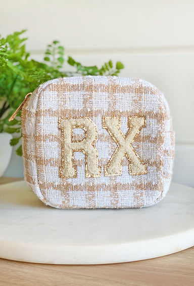 RX Plaid Mini Pouch, neutral plaid design with eye-catching, textured embroidered patches that spell out “RX” outlined in gold glitter