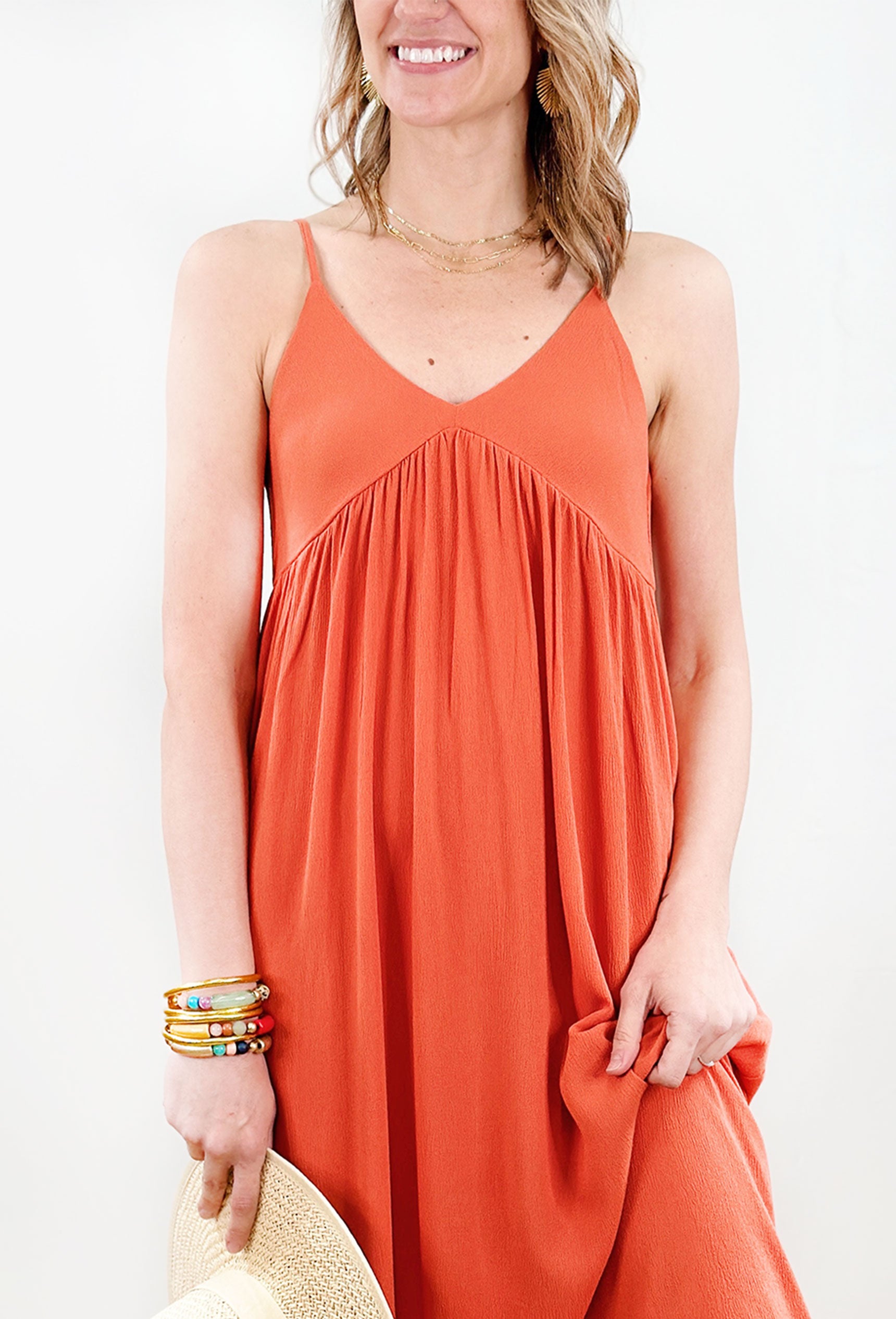Reagan Midi Dress in Persimmon, Rust colored maxi dress with adjustable thin straps and a v neckline