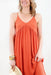Reagan Midi Dress in Persimmon, Rust colored maxi dress with adjustable thin straps and a v neckline