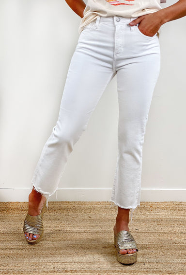 Sasha White Cropped Flare, Clean white denim jeans, distressed hem line