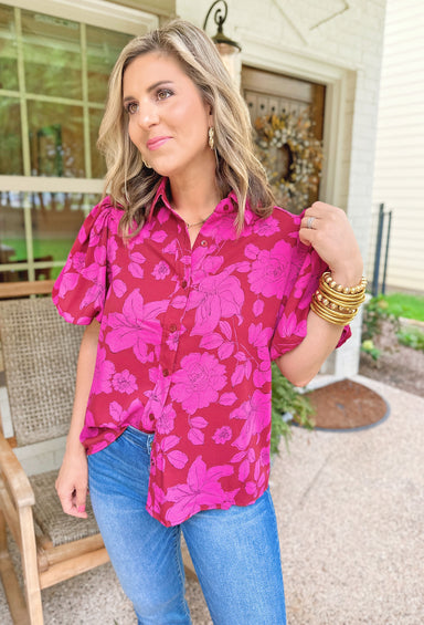 Send My Love Floral Blouse, Short sleeve button up floral blouse with a slight puff in the sleeve