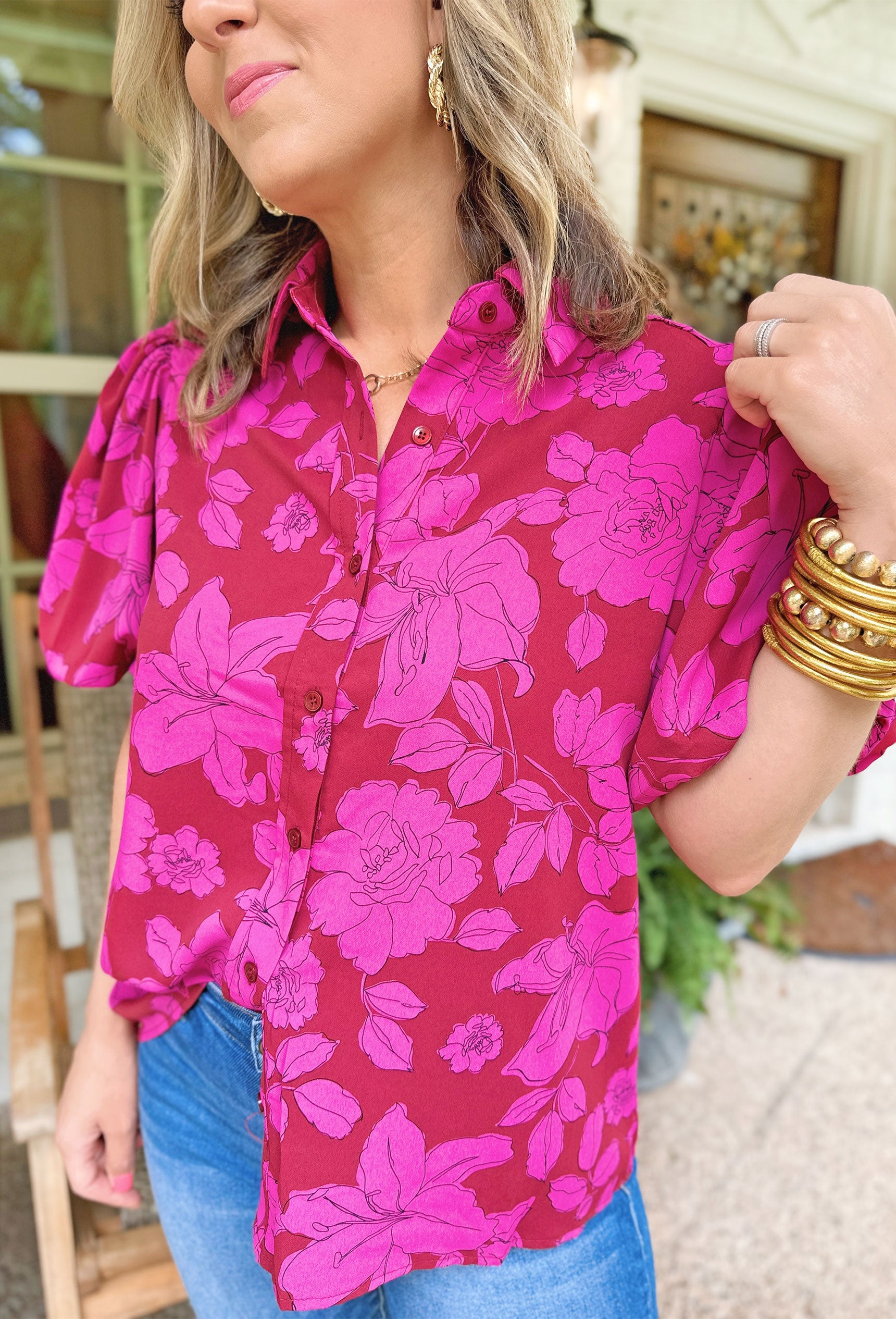 Send My Love Floral Blouse, Short sleeve button up floral blouse with a slight puff in the sleeve
