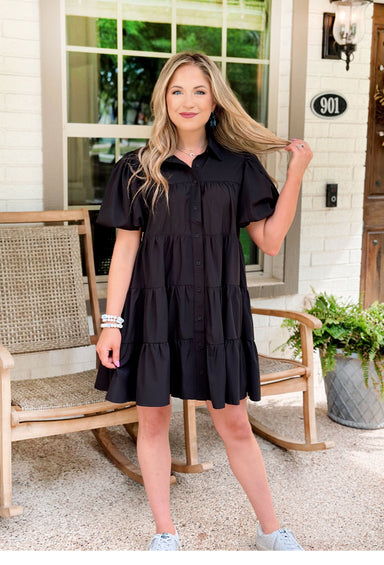 Serena Dress in Black, Black button up tiered dress with puff sleeves and collar