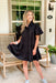 Serena Dress in Black, Black button up tiered dress with puff sleeves and collar